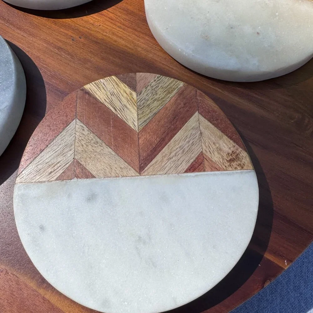 Set of 4 Handcrafted Marble & Acacia Wood Chevron Inlay Coasters